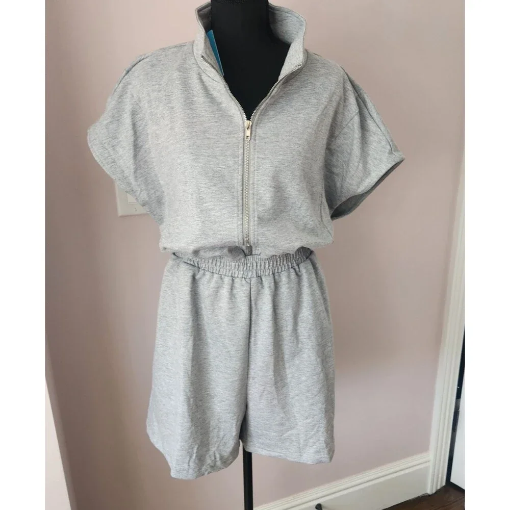 POPVIL Heathered Knit Romper Womens XL NWT Gray Half Zip Short Sleeve Jumpsuit